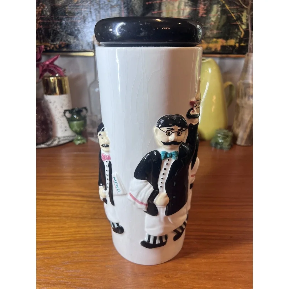 Vintage Houston Harvest Hand Painted Ceramic Bistro Waiters Tall Pasta Canister